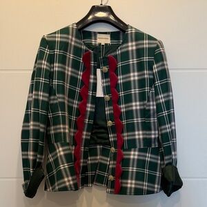 Wool-Blend Green Plaid Blazer with Red Scalloped Trim